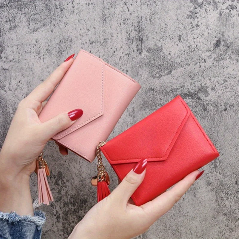 Monedero sencillo y corto para mujer, colgante con borla, monedero fino y brillante de tres pliegues, porta billetes para estudiantes, tarjetero multifunción.