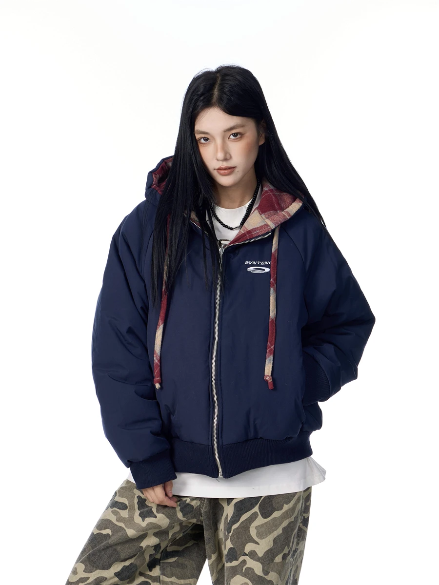 

Thickened Plaid Hooded Cotton Jacket Women's Winter Warm Outerwear Loose Fit Fashionable Retro Style Commute Friendly