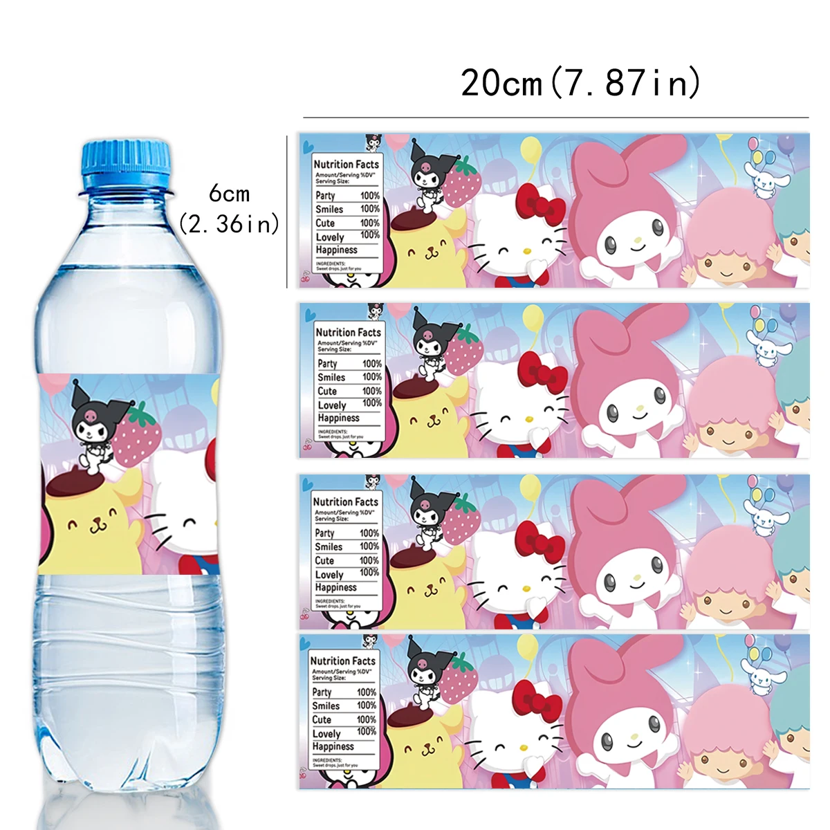 ป้ายกระบอกน้ำ Hello Kitty 10/20/30ชิ้นตกแต่งวันเกิดสติกเกอร์การ์ตูนน่ารักสำหรับเด็กขวดน้ำแก้วของขวัญเด็กผู้หญิง