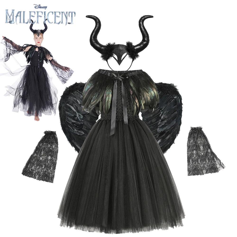 

Girls Maleficent Tutu Dress With Horns Wings Evil Queen Party Dresses Kid Halloween Costume Carnival Cosplay Witch Costume Dress