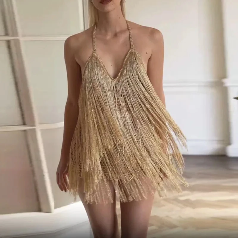 

Summer Sleeveless Women's Slim Dresses Sexy Hot Girl V-neck Tassel Halter Mini Dress Fashion Solid Backless Cocktail Party Dress