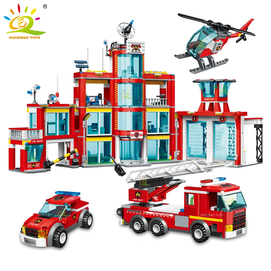 

HUIQIBAO 1273pcs City Fire Station Model Building Blocks Boys Firefighter Truck Educational Construction Bricks Toys Children
