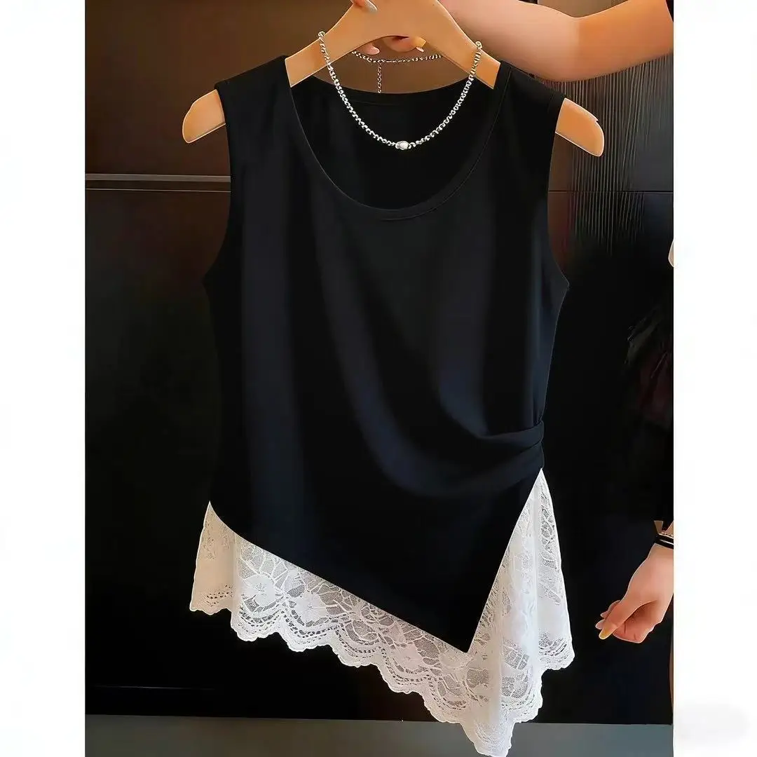 Spring and summer large-size women's clothing new commuter wind pleated design sense lace lace splicing irregular vest