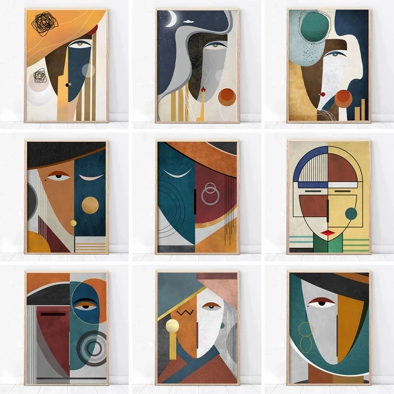 Moderne Abstrakte Figuren Gespleißte Gesichter Geometrische Leinwandgemälde Poster und Drucke Wandbilder für Wohnzimmer Schlafzimmer Heim-Dekoration