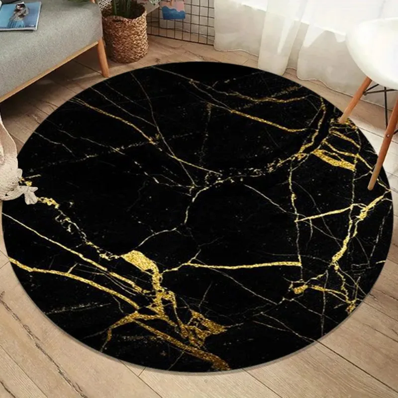 Luxurious Black Gold Marble Round Area Rug Soft Non-slip Carpet Nordic Style Home Decor Floor Mat for Living Room Bedroom