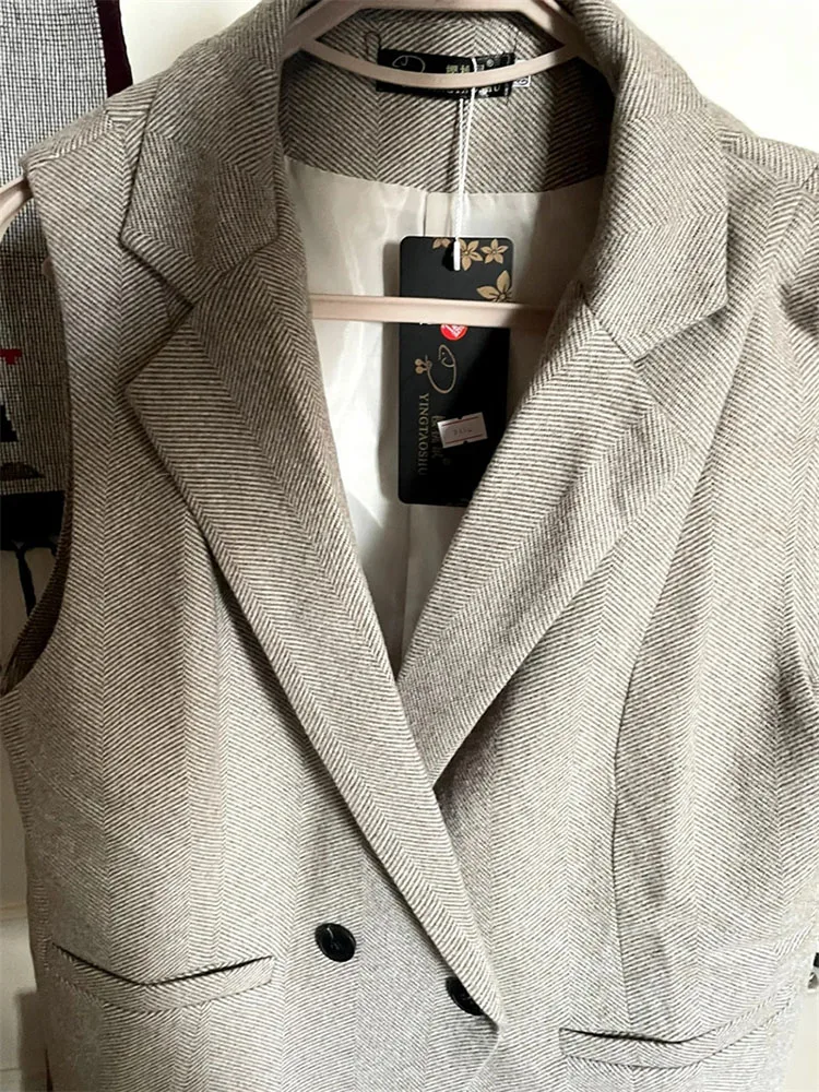 Damska Kamizelka Khaki Bez Rękawów Żakiet Krótka Kamizelka Płaszcz Jesień Zima Damskie Uniwersalne Blejzery Codzienne Topy Wąskie Płaszcze Top