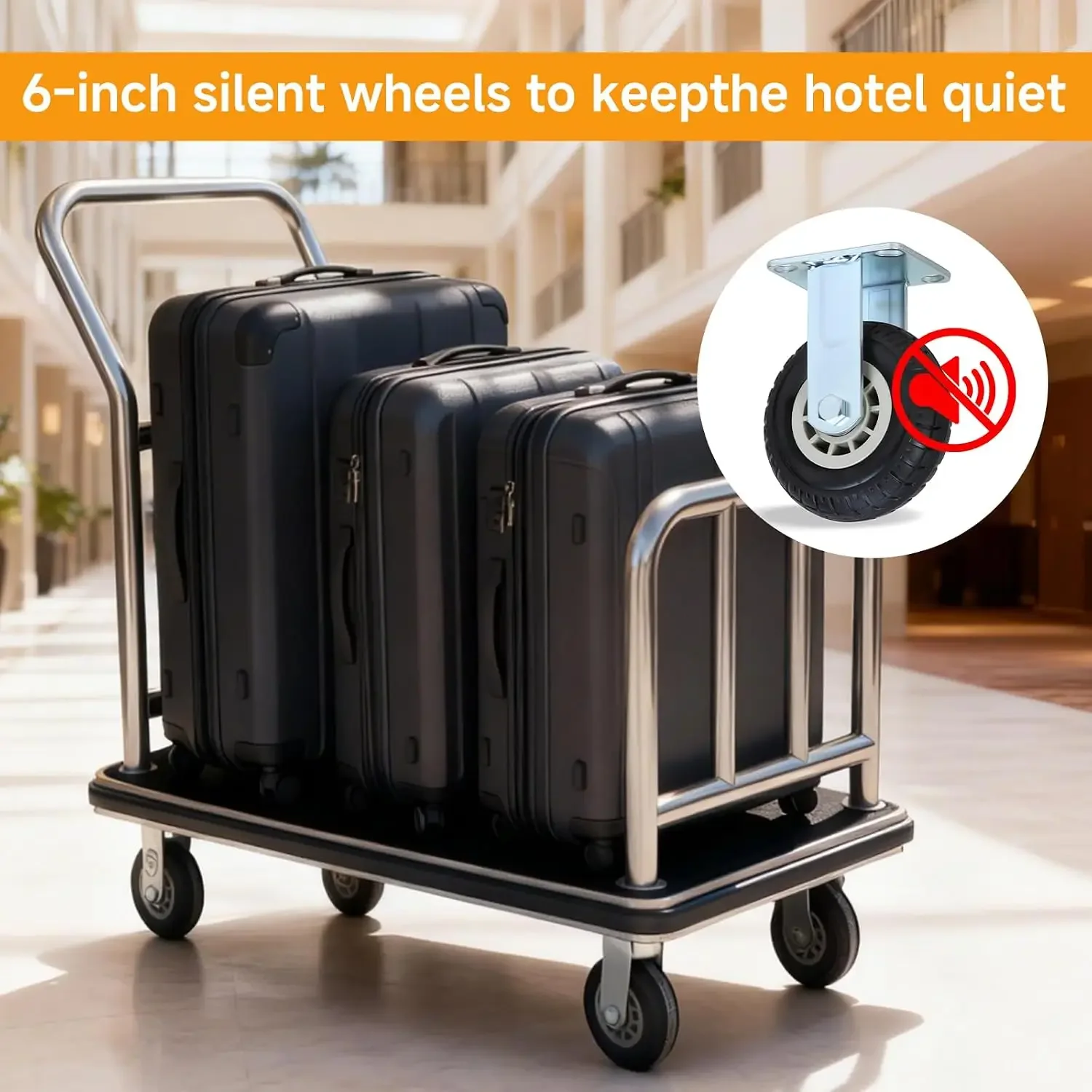 Hotel Luggage Cart - Heavy Duty Bellman Trolley with Bumper Guard, Stainless Steel Hotel Trolley with Black Carpet & 6
