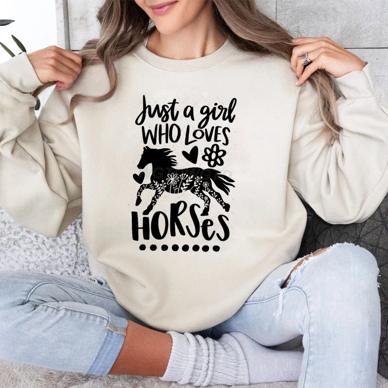 Horse Lover Gift for Women Sweatshirt Jumper Just A Girl Who Loves Horses Classic Hoodies Floral Cowgirl Funny Casual Sweater