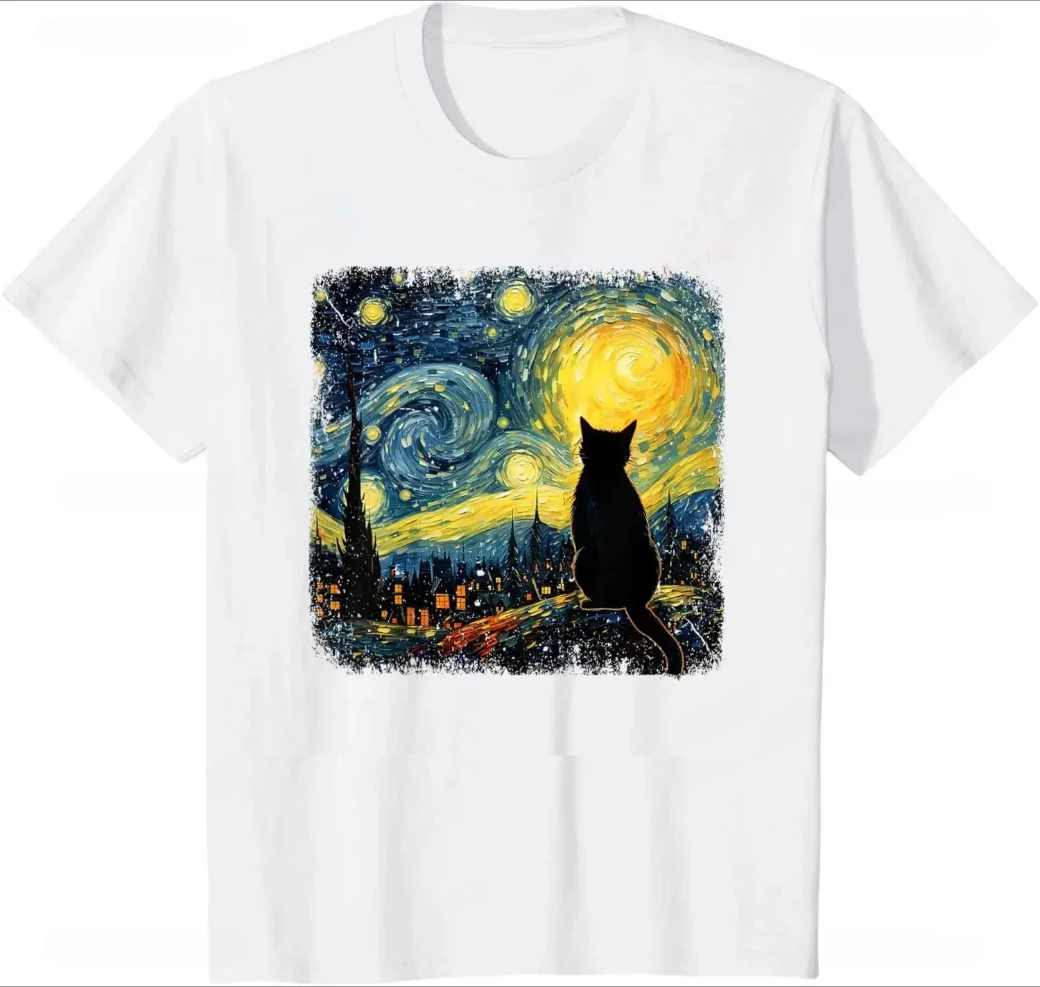 Cat Starry Night Van Gogh Cat for Cat Lover T-Shirt Casual Fashion Streetwear Summer Style Women Tshirt Cute Aesthetics
