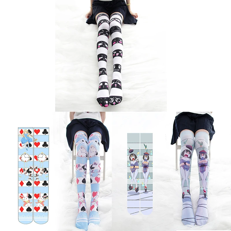 

Funny Alice striped fashion print Lolita JK cute girl over the knee stockings Japanese long tube Harajuku thigh stockings