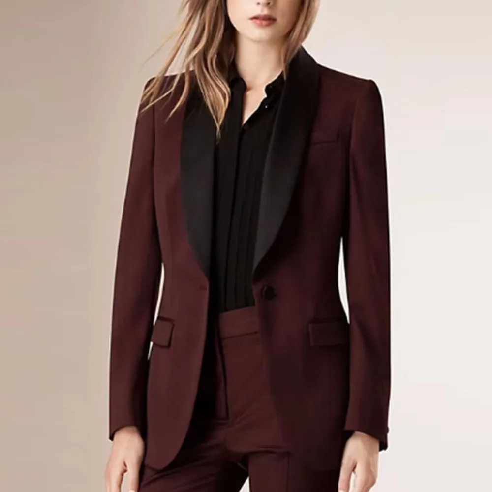 Two-Piece Tuxedo Suit for Women, Wine Color, Simple Wedding Suit Set, Single Button Formal Suit for Ladies, Customized