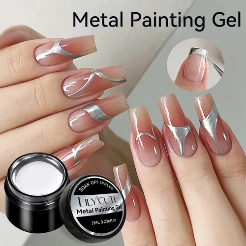 Imagen 1 del producto LILYCUTE 7ML pintura metálica Gel cromo plata efecto espejo esmalte de uñas línea de dibujo súper brillante barniz de Gel de Arte de uñas francés