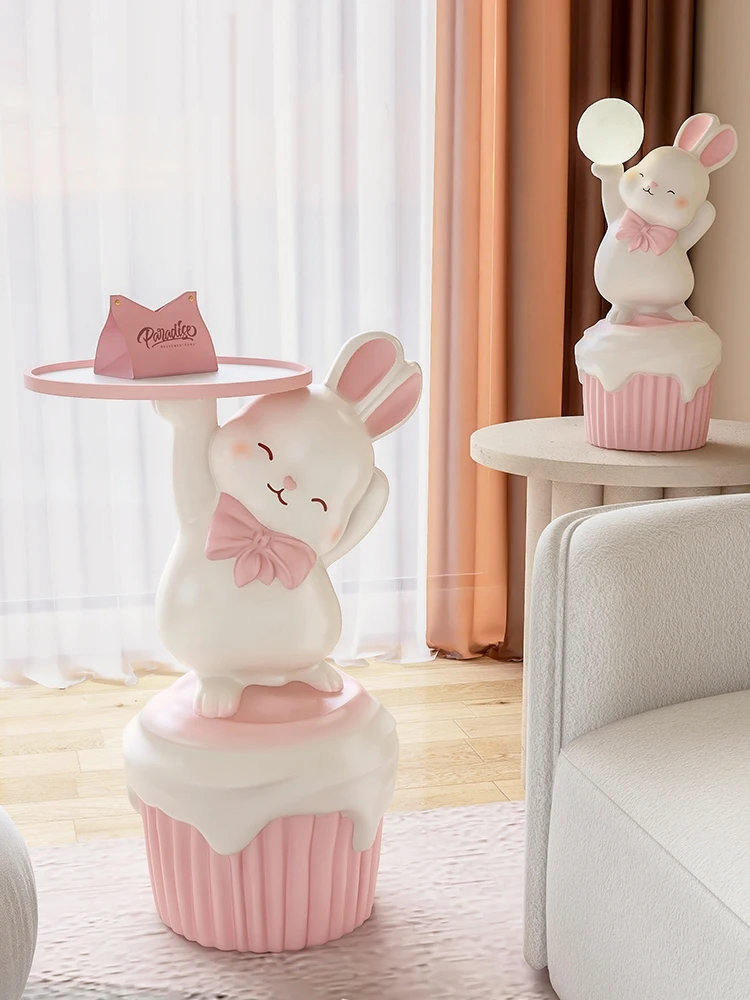 Room Decor Happy Rabbit Statue Floor Tray Ornament Creative Living Room Large Decorative Cartoon Side Table Home Decor Sculpture