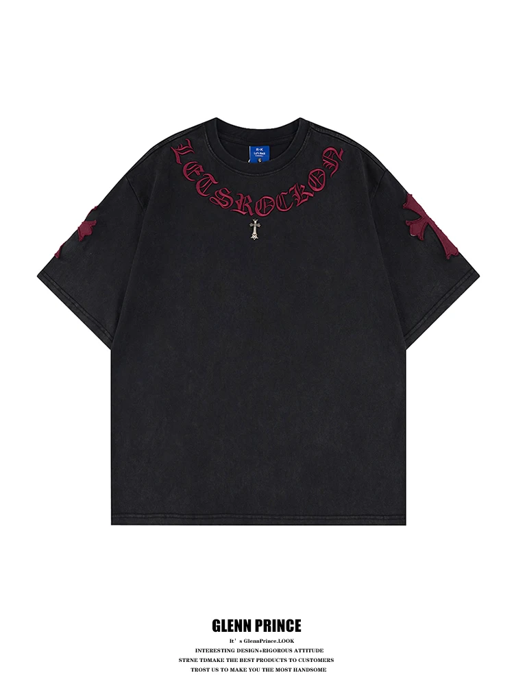 

Washed Cotton American High Street T-Shirt Men's Cross Stitch Heavyweight Short Sleeve Casual Fashion Summer Tee for Teens