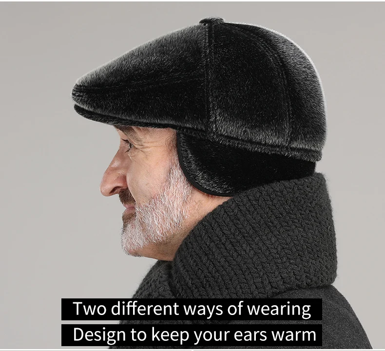 Winter-Zeitungsjungenmütze aus Kunstfell mit Ohrenklappen, Baskenmütze-Stil, Schirmmütze, warme flache Mütze für ältere Männer für kaltes Wetter – Detail 4
