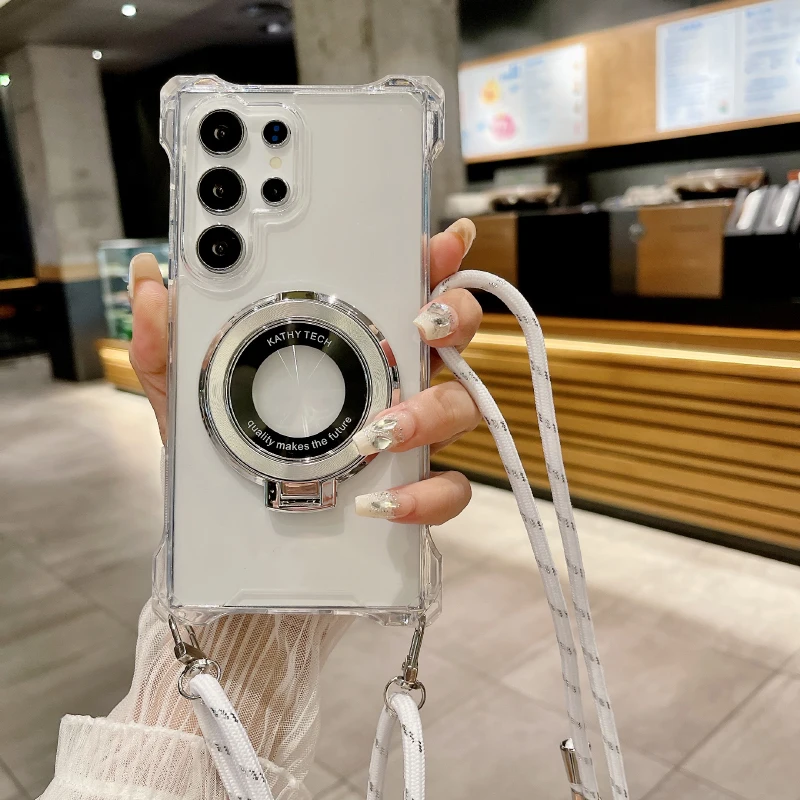 Four Corner Anti-Fall Bracket Lanyard Transparent Phone Case For Samsung S26 S24 S23 S22 S25 Ultra Plus FE A57 A56 A55 A54 A53