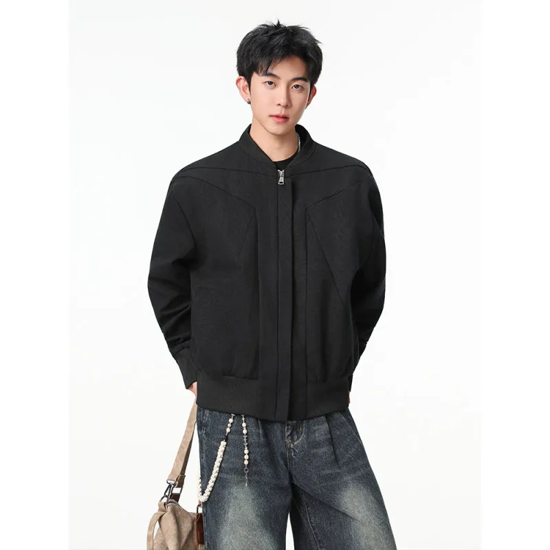 جاكيت كاجوال مغسول للرجال مقاس صغير، ملابس رجالية بمقاس S، ياقة فضفاضة قائمة، تصميم مثلث، ملابس خارجية للراحة، نمط قصير، مصنو...