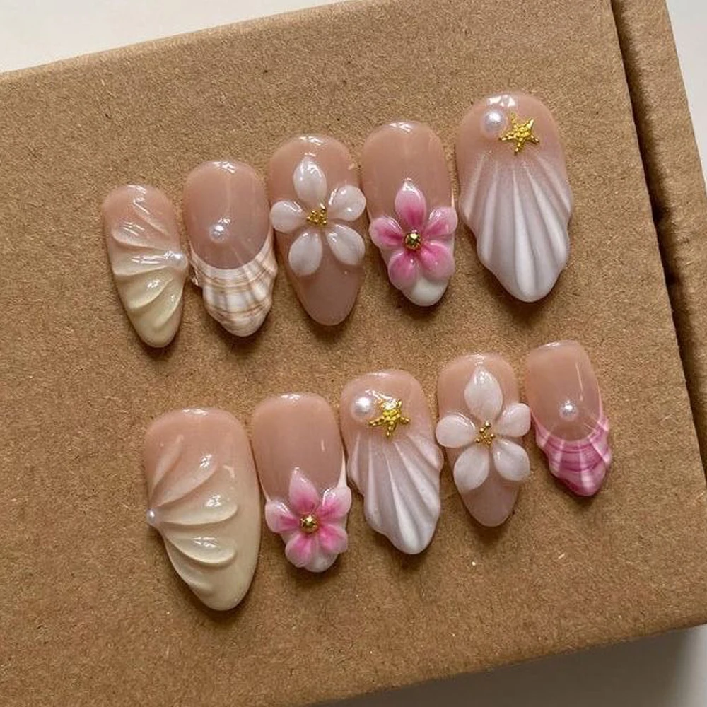 

3D Nude Flowers Gel Handwork Press On Nails Art Party Sticker Starfish Shell Pearl Short Almond Full Coverage Fake Nails Gift