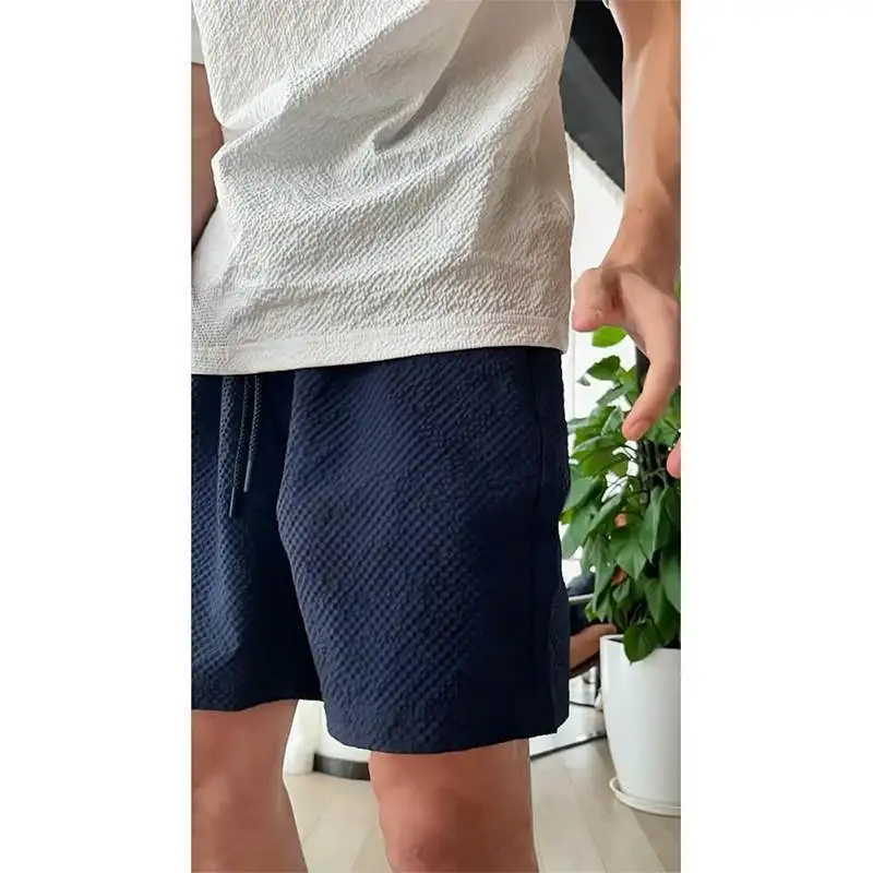 Navy Blue Seersucker 4-point Shorts Men's Summer Thin American Quick-drying Sweatpants But Knee Straight Pants