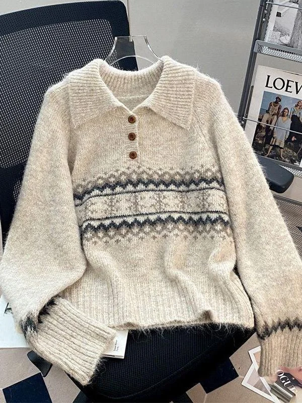 Soft Cozy Women's Long Sleeve Turn-down Collar Knitted Sweater Shoulder-length Autumn Winter New Style Meral Ferrand Island