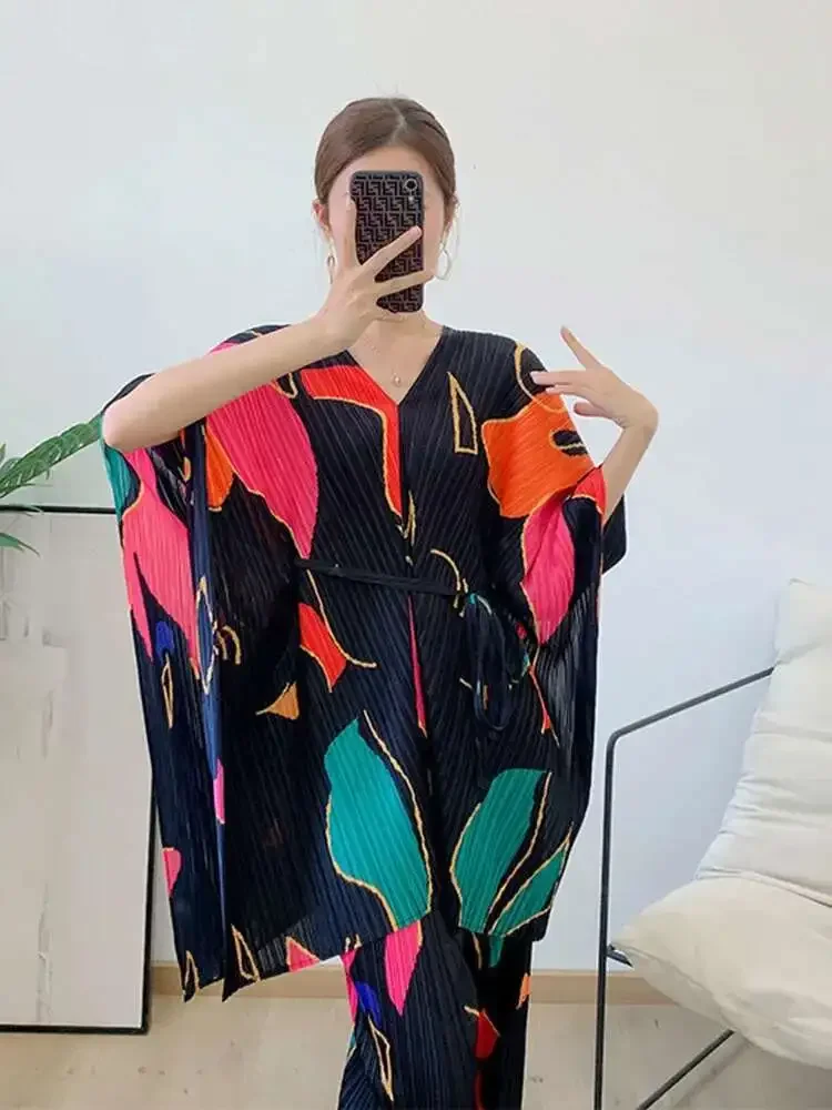 Miyake 2025 verão novo conjunto de duas peças feminino com decote em v solto batwing impressão topo com calças de perna larga roupas de moda feminina