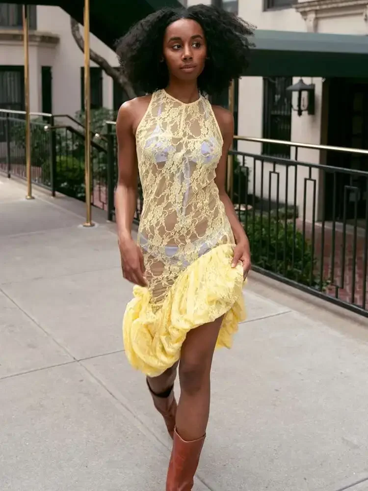 Nieuwe Kant Zien Door Ruffle Sexy Midi Jurk Vrouwen Jurk Zomer Mode Hoge Taille Slanke Dij Hoge Split Elegante Lange Jurk