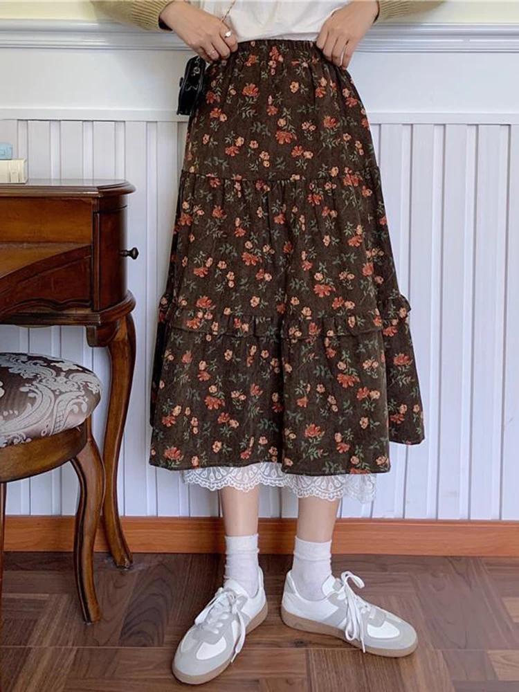 Fall Floral Long Skirt Women Sweet Vintage Lace Patchwork Elegant Skirts Casual Loose Female Preppy Style Retro A Line Skirt New