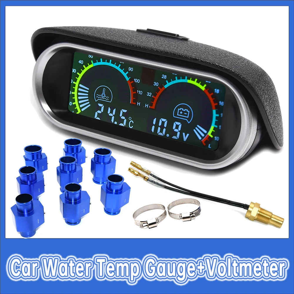 Voltímetro de 12V y temperatura del agua con adaptador de manguera de radiador de 26mm-40mm, Sensor de tubo de junta de enchufe de cabeza de 1/8NPT para coche, camión, Moto, calibre