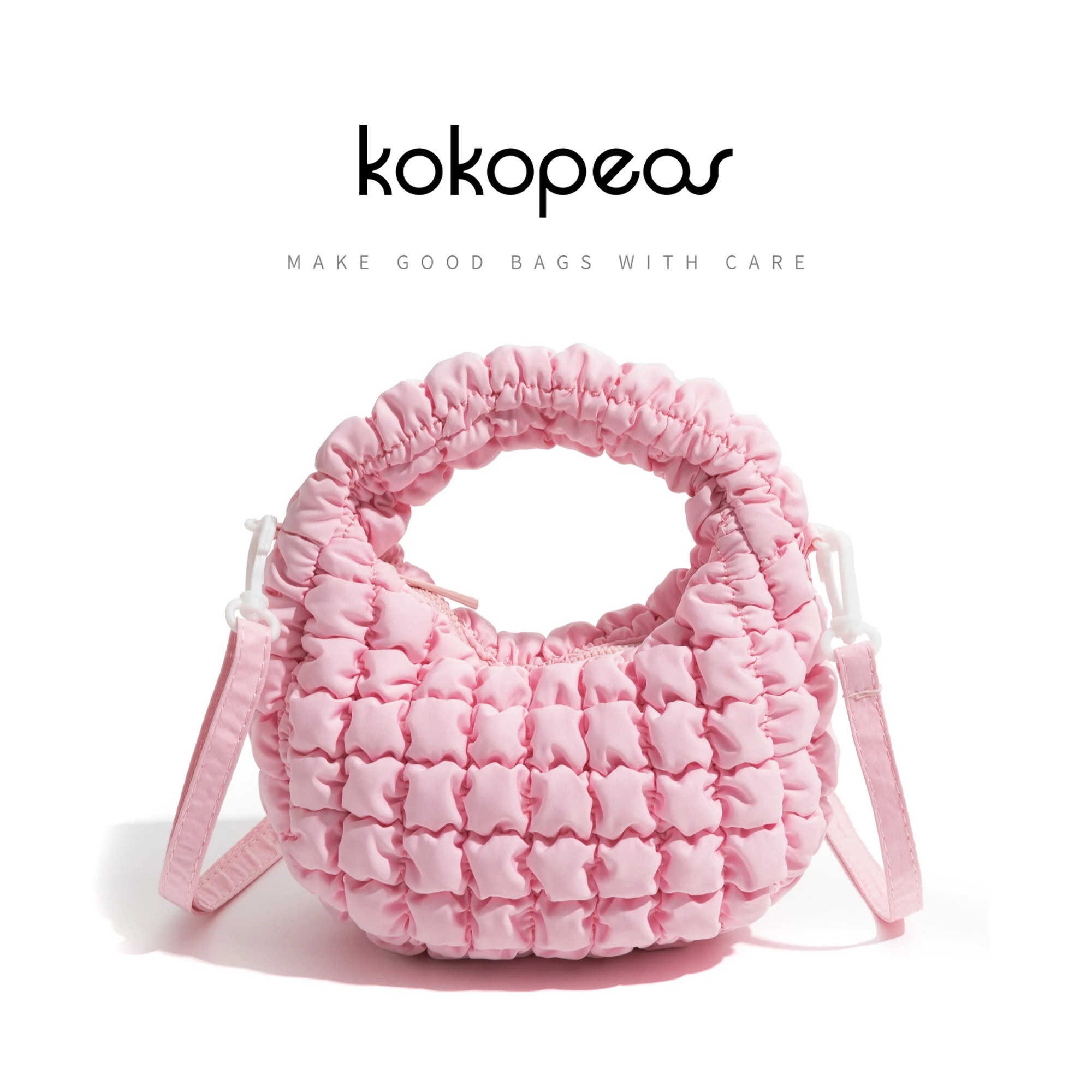 

KOKOPEAS Fluffy Padded Down Pleated Small Tote Handbag Nylon Solid Simple Fashion Phone Purse Lady Shoulder Strap Crossbody Bag