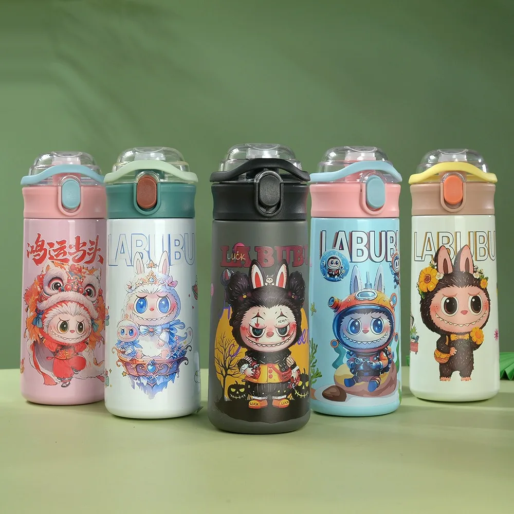 

New Hot Labukat Cup Portable Pea Cup Cute Cartoon Double Drink Thermos Cup Elastic Lid Cup Thermos Water Bottle Coffee Cup