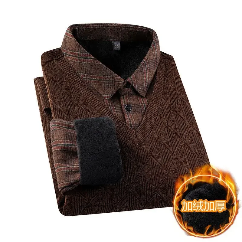 Suéter de chenilla grueso de terciopelo de dos piezas para hombre, ropa holgada con cuello de camisa, ropa cálida, ropa de invierno JJ375