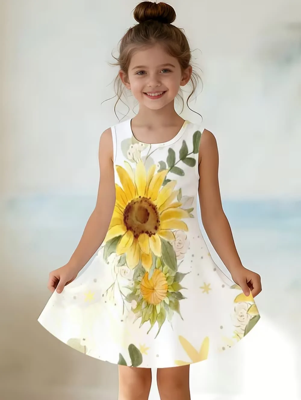 Girl Dresses Colorful Floral Graphic Printed Short Sleeve Dress Summer Vacation Sweet Girl Princess Dress Fashion Casual Clothes