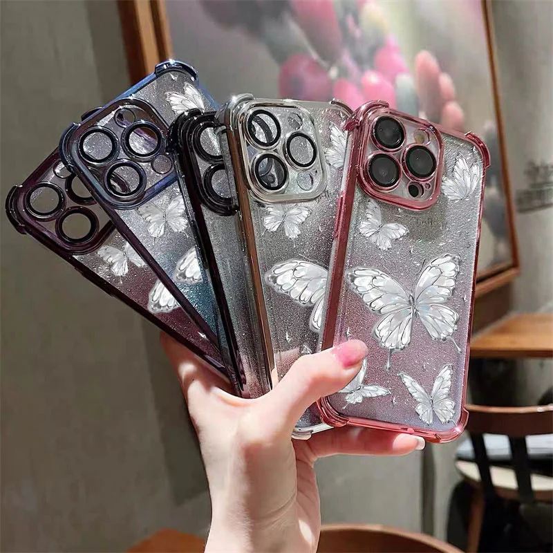 Butterfly Flash Powder Card Phone Case For IPhone 17 Pro Max 16 15 Pro Max Plus 12 13 Mini Plating TPU Airbag Korean Cover