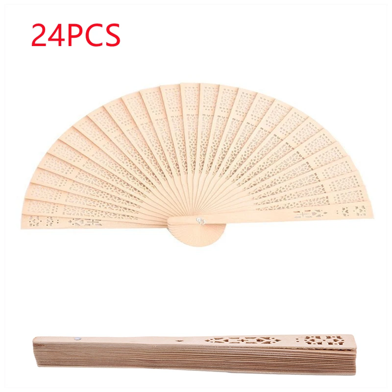 24PCS Wooden Hollow Folding Fan Wedding Party Gifts Baby Shower Decoration Supplies Gifts for Guests at Summer Carnival Party