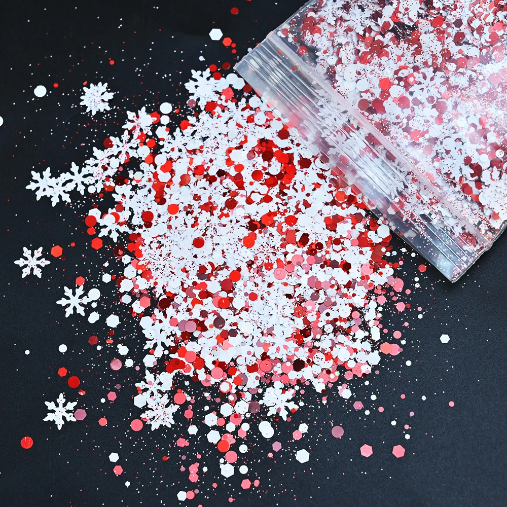 Christmas Nail Glitter Sequins para Manicure, Floco de Neve, Árvore, Hexágono, Círculo, Borboleta, Losango, Vermelho, Verde, Floco Branco, 50g, 1 Saco