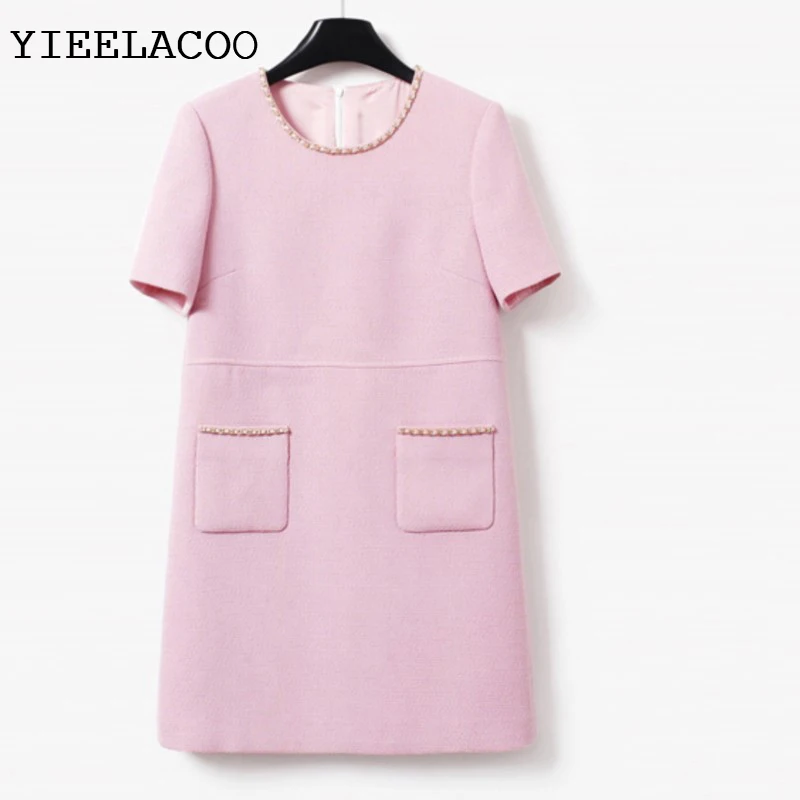 

Pink Tweed dress Short sleeve spring / autumn women's dress tassel ladies slim bottoming dress one-piece