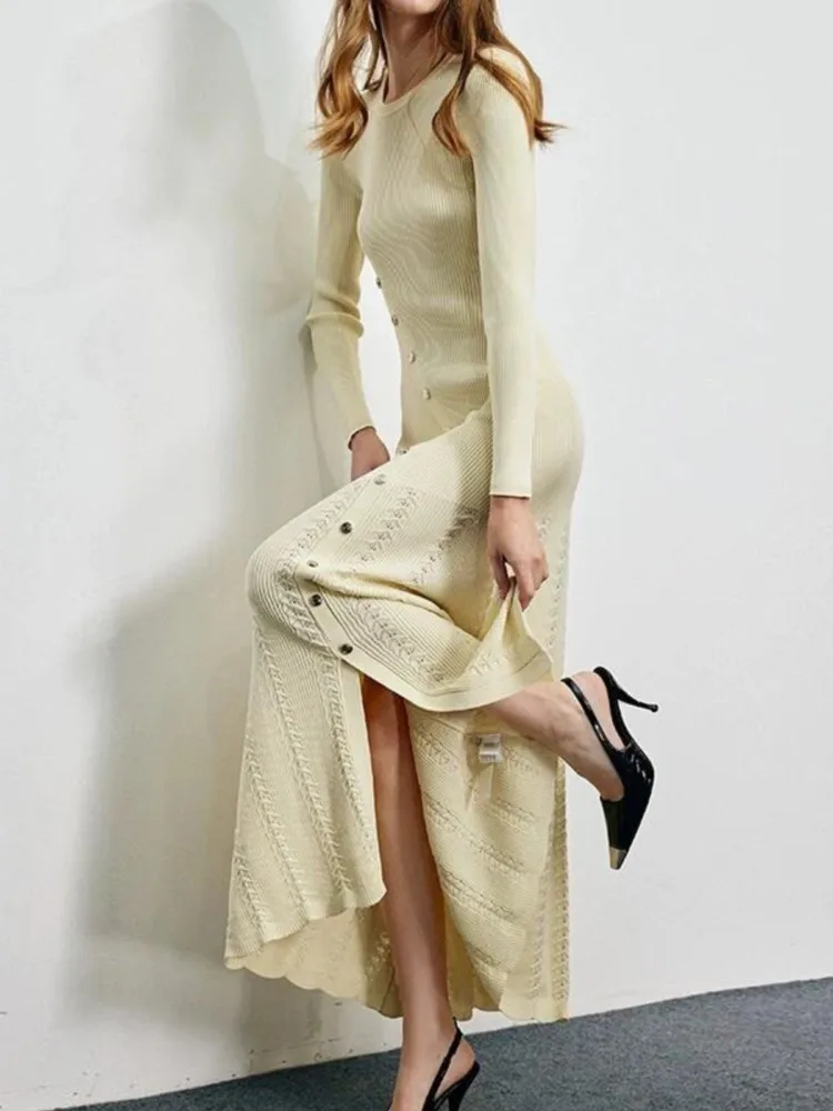 ผู้หญิงฤดูใบไม้ร่วงถัก Midi ชุด O-คอเดี่ยว Slim แยกสีทึบ Elegant Dresses Femme แฟชั่นงานแต่งงานพรหมเสื้อผ้า