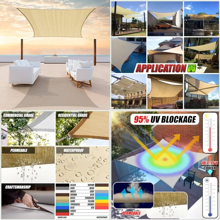 

14' x 20' Sun Shade Sail Rectangle Canopy Fabric Cloth Screen, Water Permeable UV Block UPF50, Heavy Duty, Carport Patio Outdoo