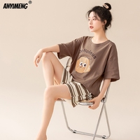 100% Pure Cotton Women Pajamas Summer Cartoon Print Pijamas Girls Nightwear Homewear Short Sleeve Sleepwear O-neck Loungewear