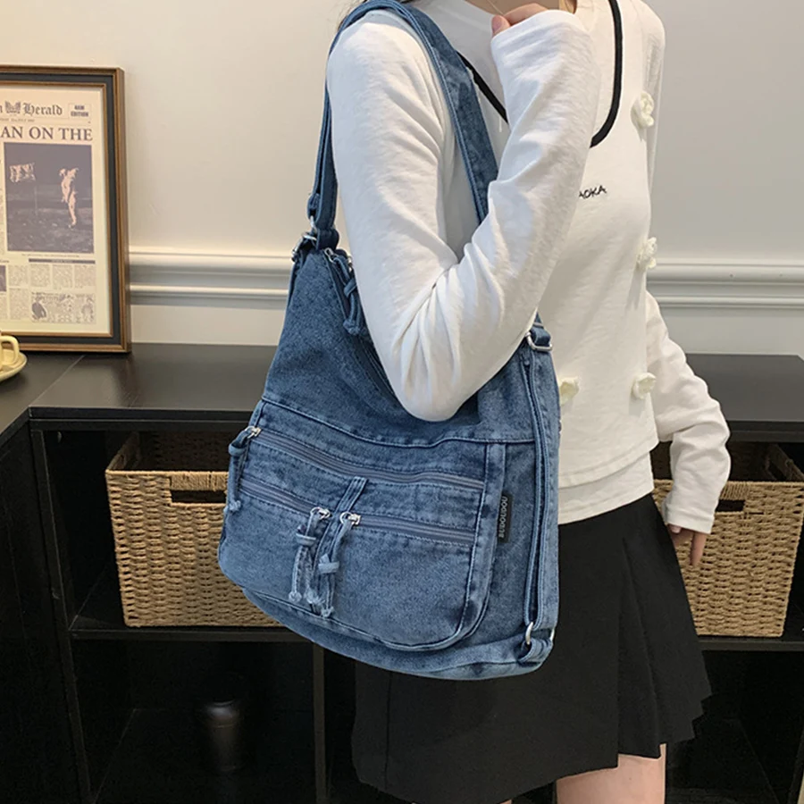 Trendy Solid Color Denim Shoulder Bag for Women's High Quality Multi-pockets Zip Backpack Large Capacity Versatile Crossbody Bag