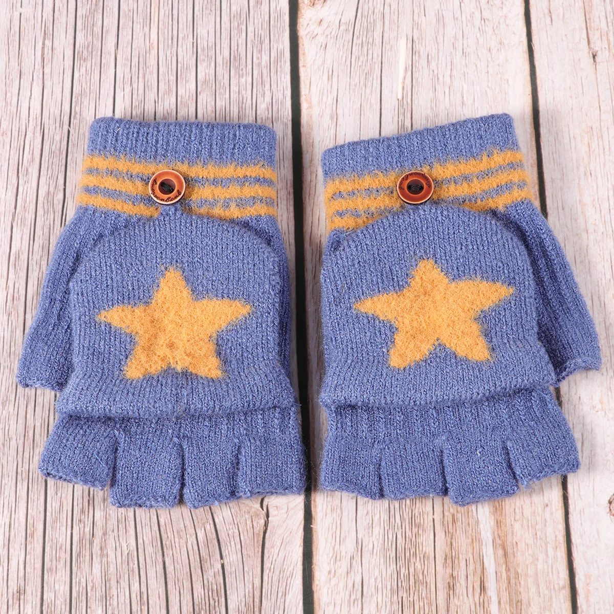 ถุงมือแบบพลิกได้สำหรับเด็กวัยหัดเดิน 1 คู่ ถุงมือฤดูหนาวน้ำหนักเบาพร้อมลวดลายการ์ตูนสำหรับใช้กลางแจ้ง 2-8Y สีฟ้า