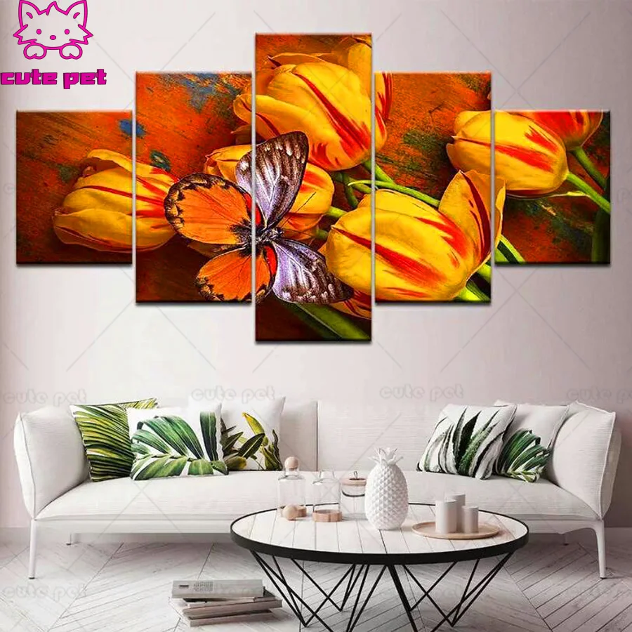 Tulips, butterflies Painting DIY Diamond Painting diamond Embroidery 5d mosaic Diamond cross stitch 5 pcs set Salon decoration