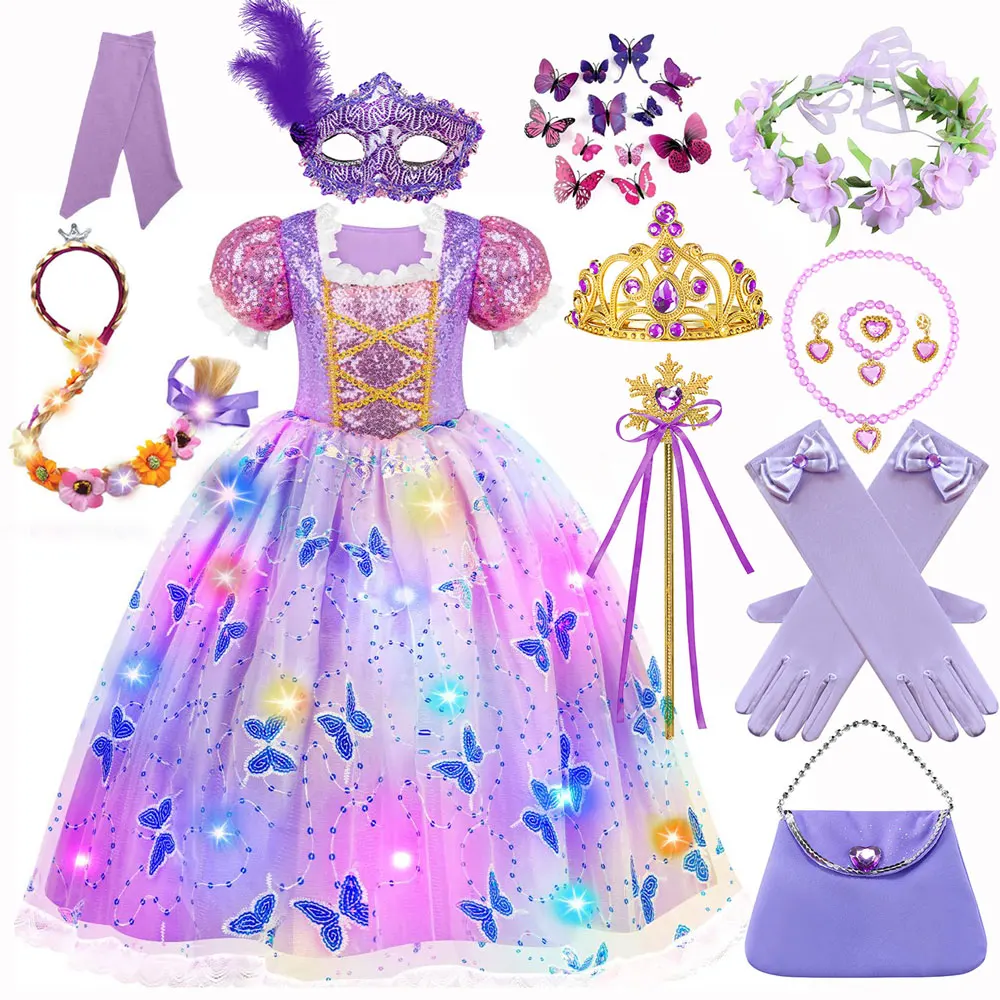 Disney New Children Dress Cosplay Rapunzel Costume Sequins  Purple Fluffy Sequin Butterfly Print Dress for Girl Add Colored LED