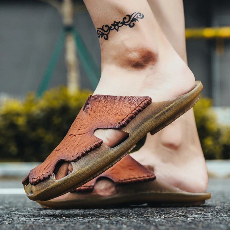 2026 New Men's Slippers Genuine Leather Sandals Men Breathable Casual Beach Shoes Fashion High Quality Men Flip Flops Size 38-48