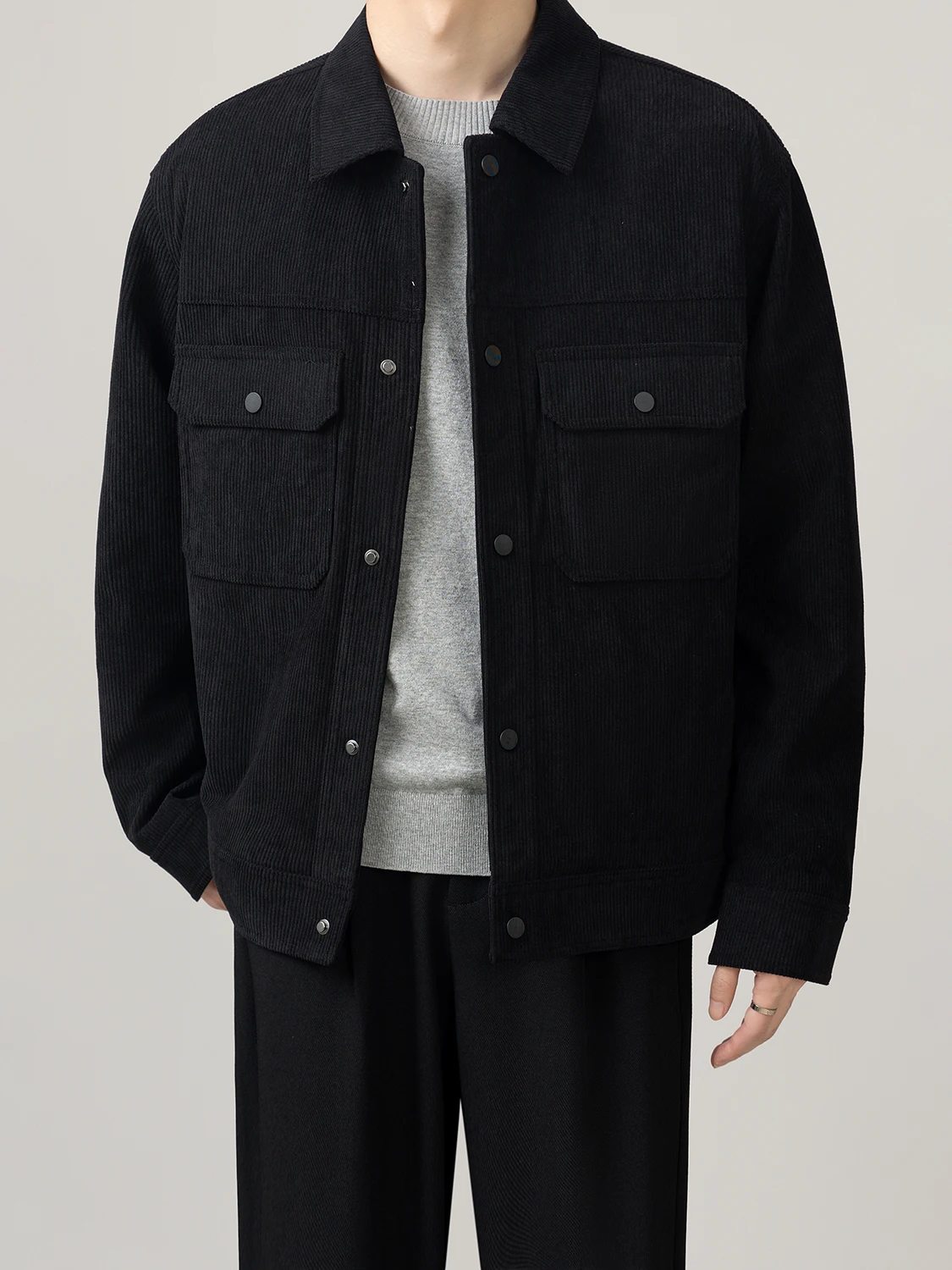 Spring Autumn Men's Texture Corduroy Jacket Loose Casual Outerwear with Big Pockets Stand Collar Youth Fashion Polyester Fiber