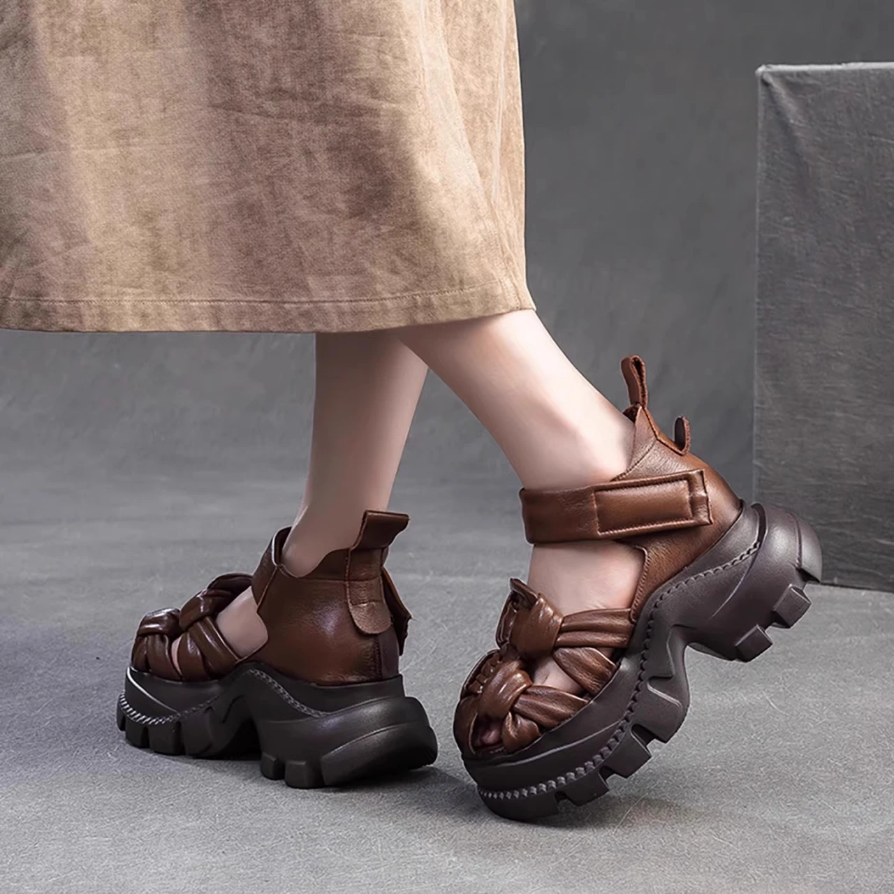 

2025 Summer New Arrival Women's Platform Heel Genuine Leather Sandals - Handmade Braided, Comfortable, Breathable