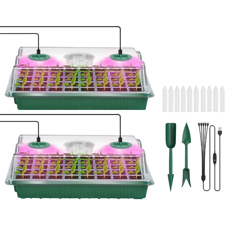 

2Pcs 40 Cells Seed Starter Tray Plant Grow Light with 4 Adjustable Brightness Automatic Timing Setting Humidity Dome Plant Germ