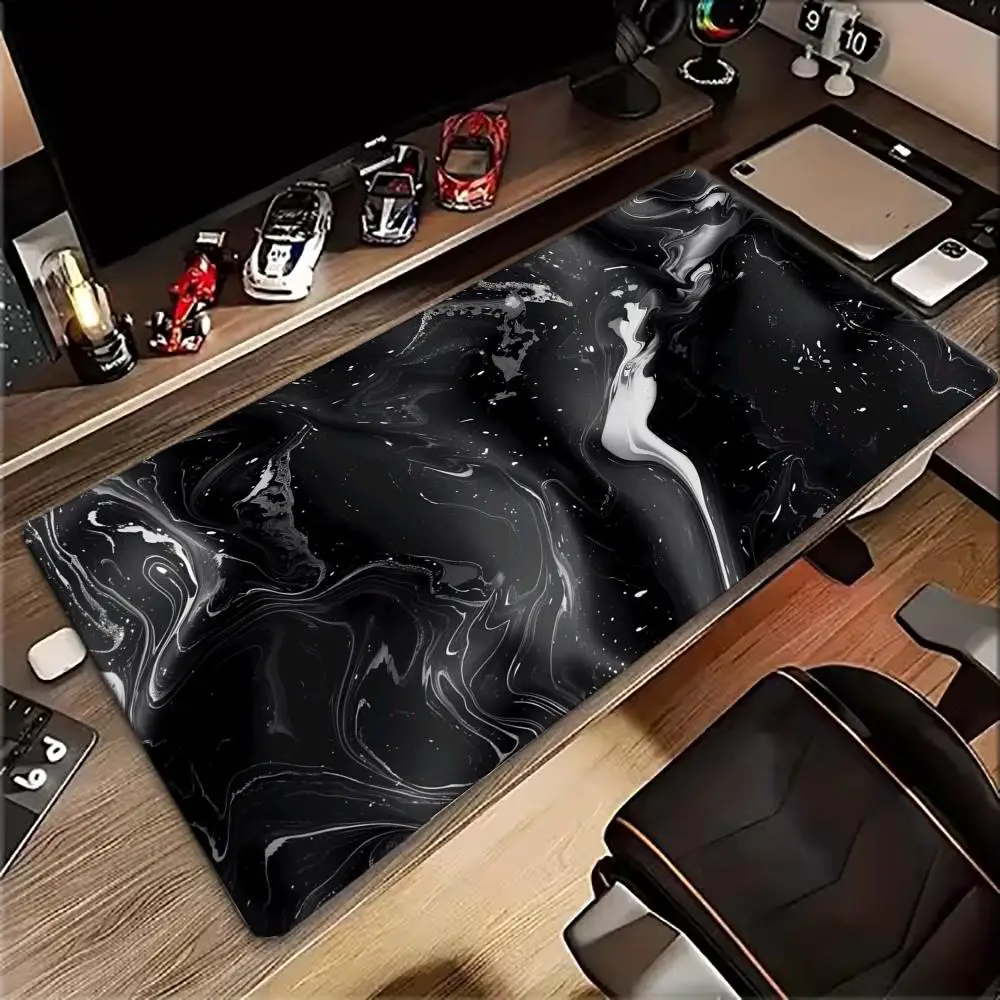 Large  Gaming MousePad Desk Mat Keyboard Pad Black White Liquid Marble Swirl Abstract Texture Non Slip Rubber Extended PC Laptop