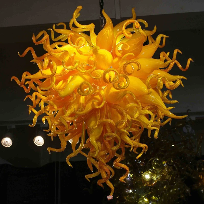 100% Hand Blown Chihuly Style Lamp led Hanging Light Yellow Mango Murano Glass Chandelier Light