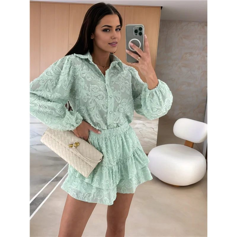 ABRT-Damen 2-teiliges Spitzenbluse-T-Shirt-Oberteil, figurbetonte Shorts, Party, Clubwear, Trainingsanzug, Outfits-Set